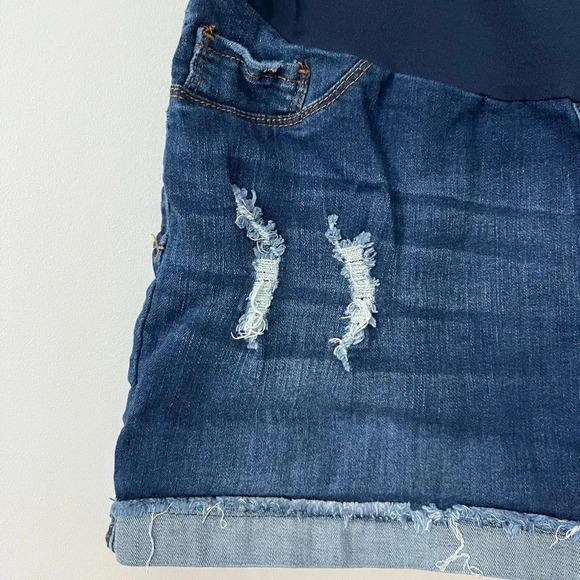 SONG Maternity Over The Bump Jean Shorts | Dark Wash Distressed - Picture 2 of 6